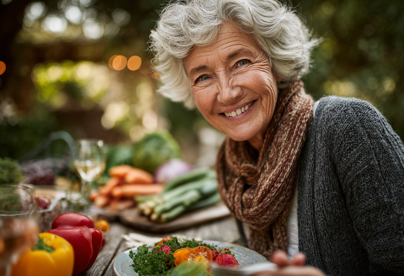 Persona mayor disfrutando de una comida saludable